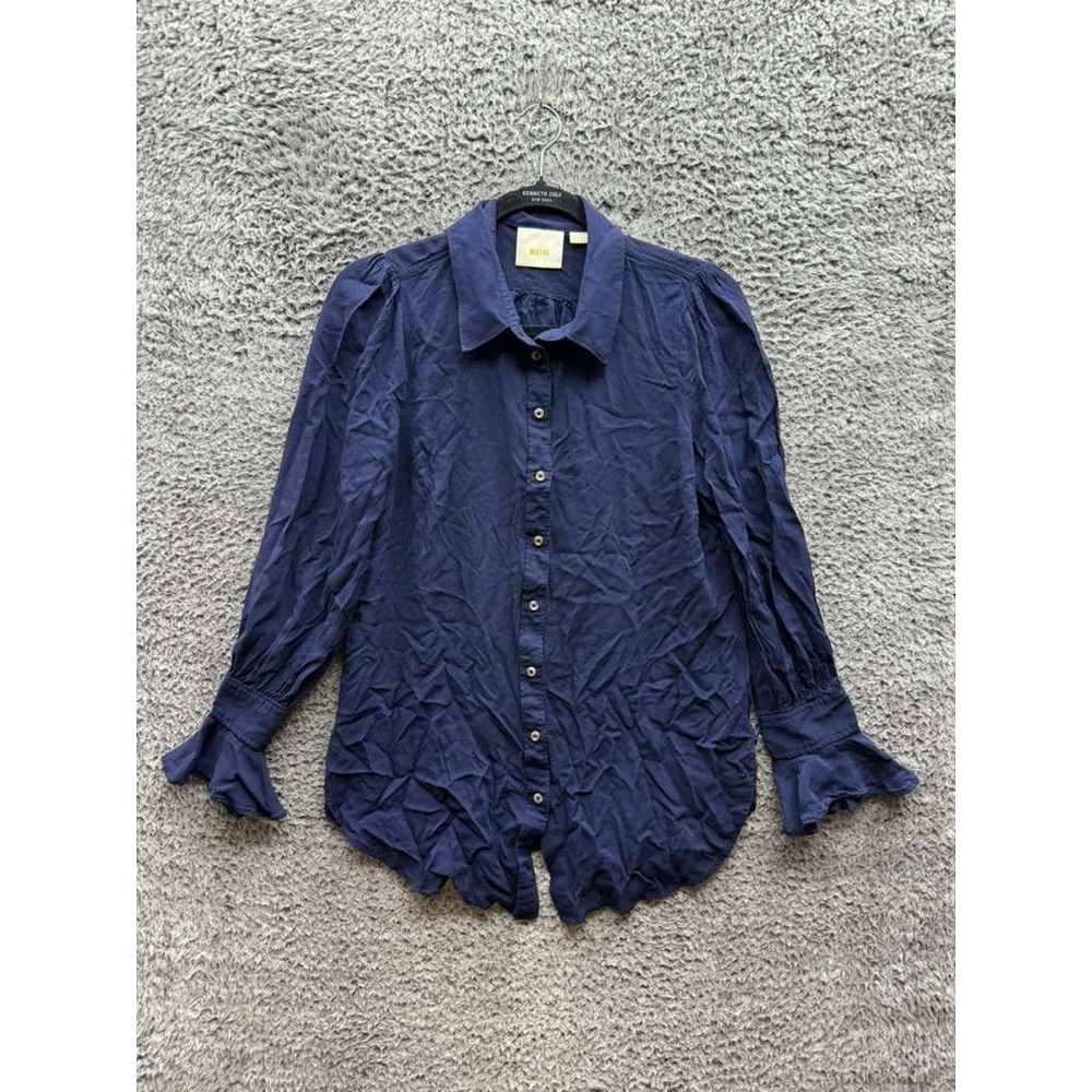 Anthropologie Maeve Button Down Rayon Long Sleeve Shirt Navy Blue Womens Size 8